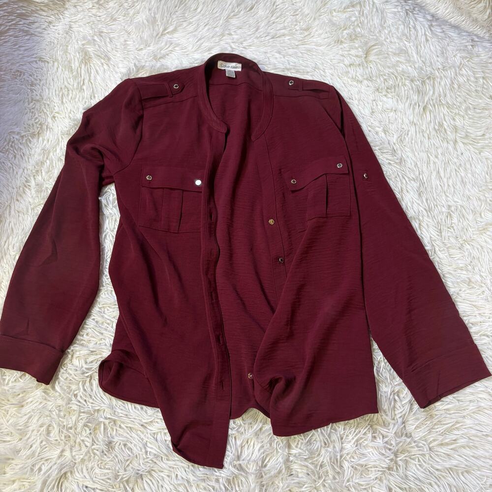 Calvin Klein Womens textured blouse button burgundy large
